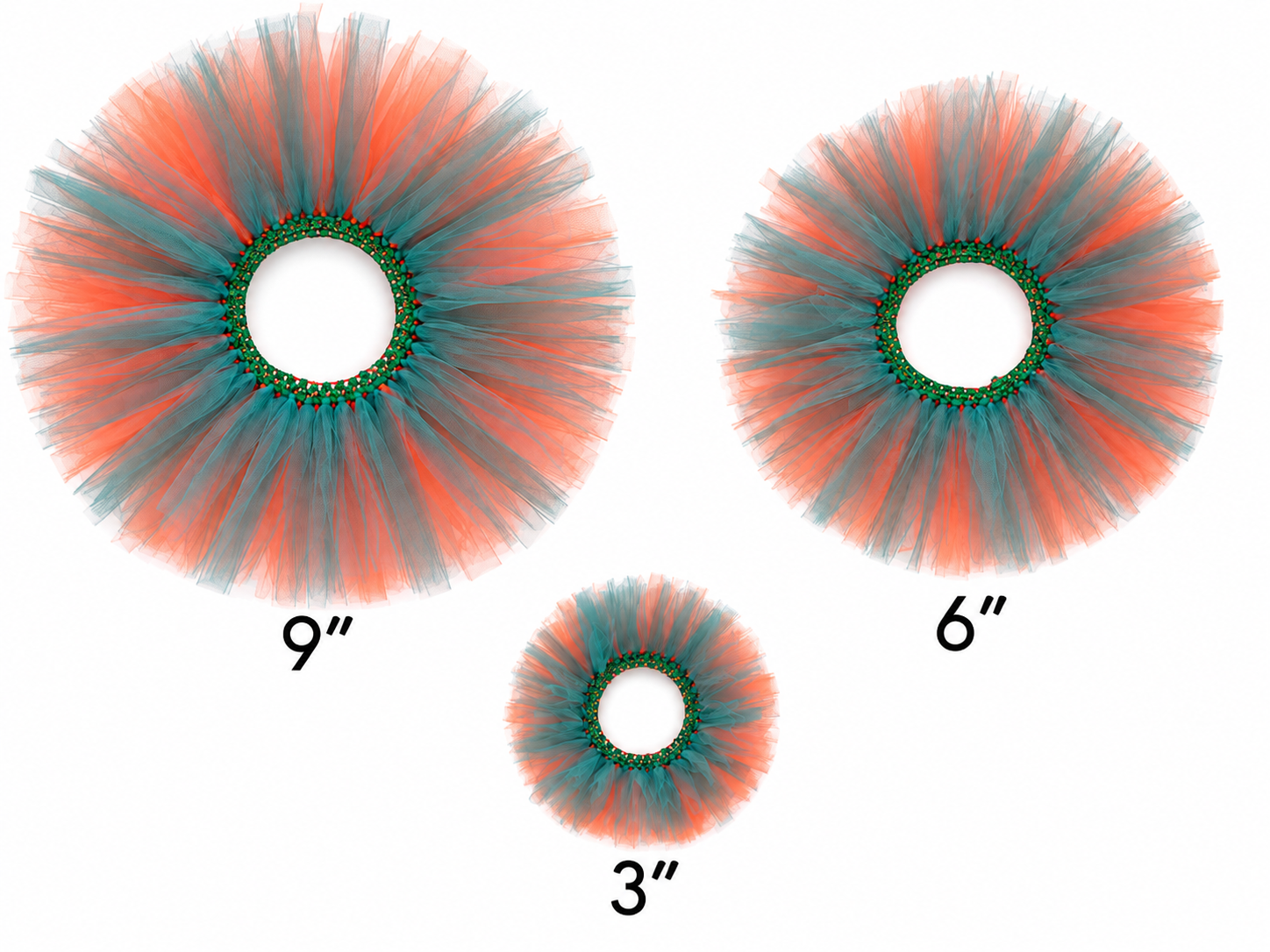 Three handmade tutus shown in 9-inch, 6-inch, and 3-inch lengths